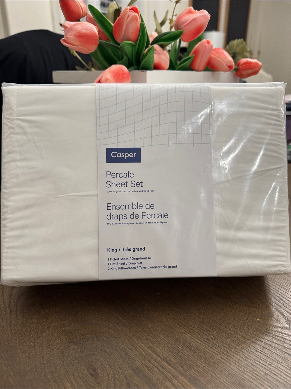 #22 CASPER White Percale Sheet Set KING: Fitted, Flat, 2 pillowcases NEW W TAGS